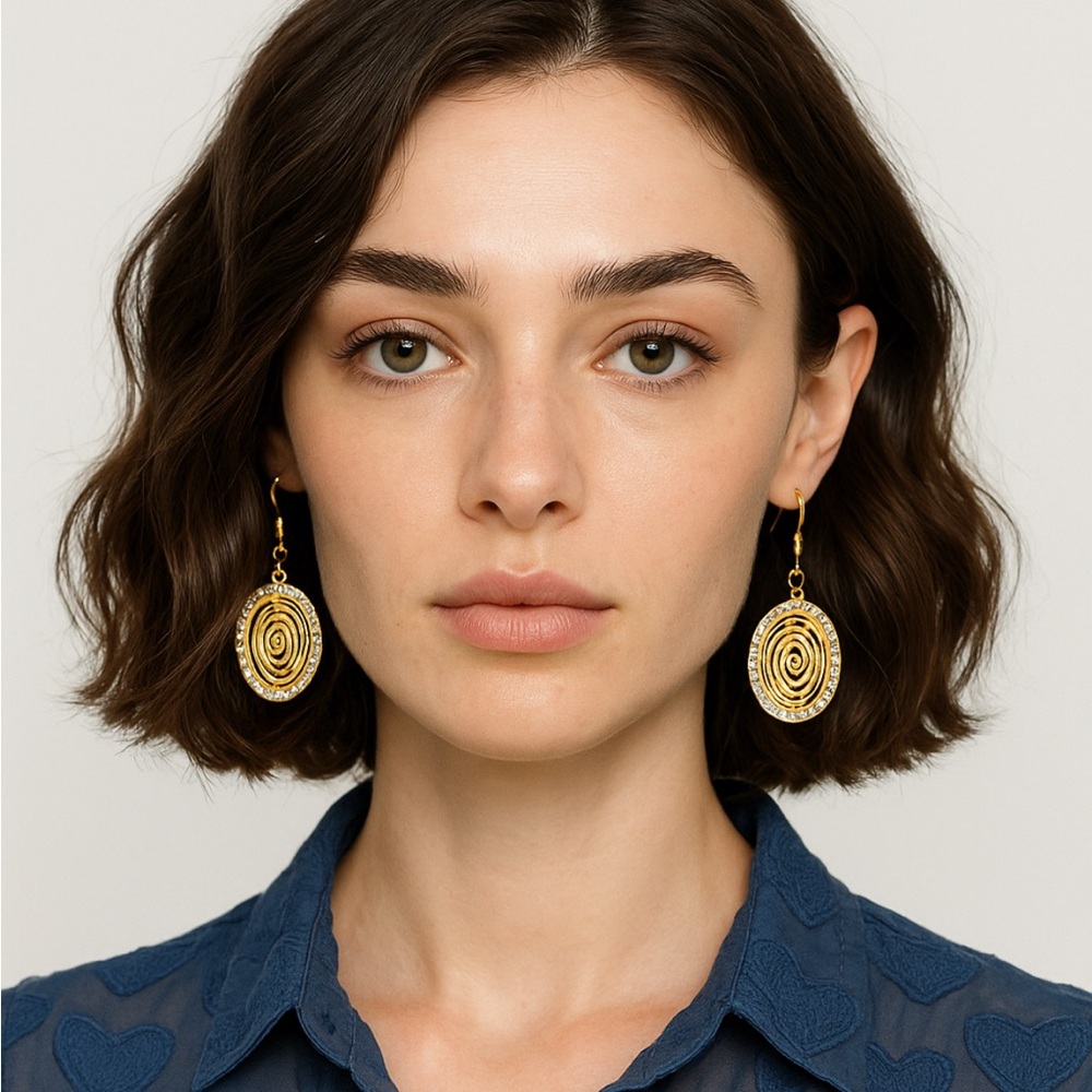 Camellia Flower Round Rhinestone Gold  Drop Earrings